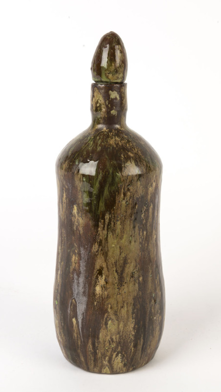 KLYTIE PATE pottery decanter with unusual mottled green and brown glaze, incised "Klytie Pate", 31cm high