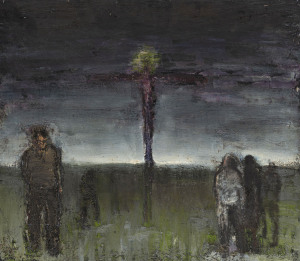 DOMINIC WOOD A crucifixion, oil on board, 60 x 69cm. also, Morning, oil on board, 23 x 32cm. (2 items).