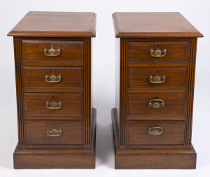 A pair of antique Australian four drawer bedside cabinets by SVENSSON of Melbourne, black walnut with original brass hardware, 77cm high, 42cm wide, 52cm deep