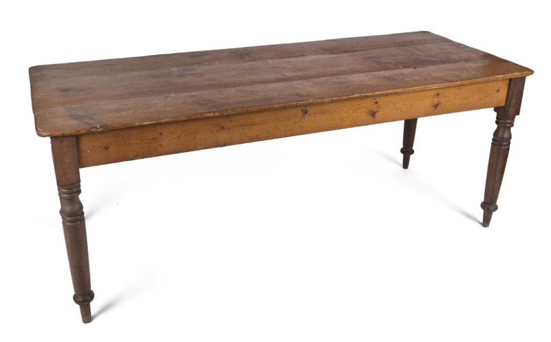 A Colonial Australian farmhouse kitchen table, Baltic pine with blackwood legs, South Australian origin, 19th century, 74cm high, 192cm wide, 81cm deep