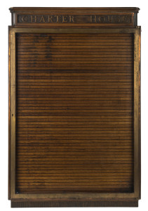"CHARTER HOUSE" lobby notice board cabinet, copper and brass with Tasmanian oak interior, circa 1920, 87cm high, 56cm wide, 5cm deep