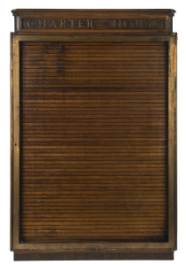 "CHARTER HOUSE" lobby notice board cabinet, copper and brass with Tasmanian oak interior, circa 1920, ​87cm high, 56cm wide, 5cm deep