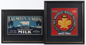 ADVERTISING: Framed labels for "Farmers Union Full Cream Sweetened Condensed Milk" and, "The Waverley Biscuit Factory - Chocolate Mallo-Cones", circa 1920s, (2 items). 29 x 40cm & 36 x 34cm overall.