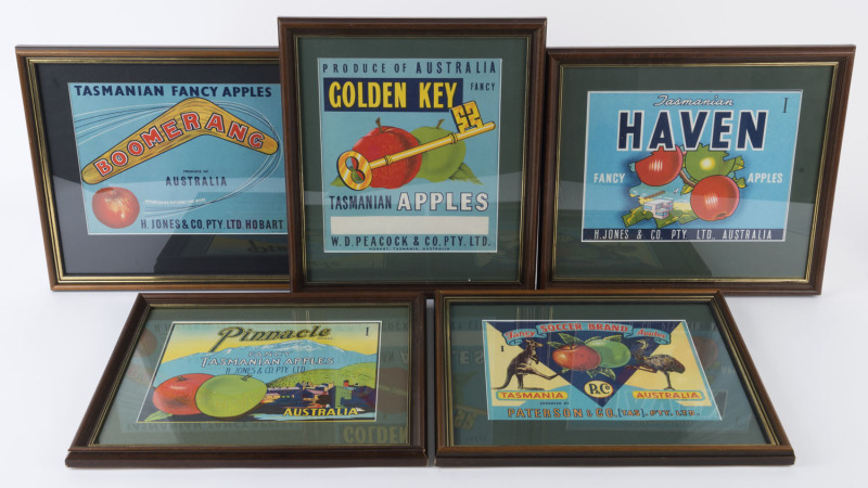 ADVERTISING: Framed labels for Tasmanian apple producers, c.1920s: "Haven" by H. Jones & Co., "Soccer Brand" by Paterson & Co., "Golden Key" by Peacock & Co., "Boomerang" & "Pinnacle" by H. Jones & Co. (5 items), each approx. 34 x 40cm.