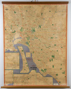 "The Universal Map of MELBOURNE & suburbs", 1963; mounted on linen with wooden supports top and bottom, ​115 x 86cm.