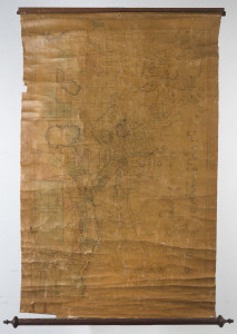 "Map of the Mines of Ballaarat" by J.E. Harper, 1866; linen backed, with wooden rollers top and bottom. 105 x 66cm.