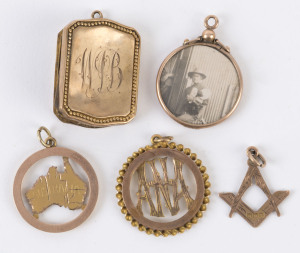 Various 9ct gold fobs, etc., comprising of a map of Australia, an A.N.A., a Freemason's set-square and compass, a hair-locket and a photo locket. Approx. 13gms total. (5 items).