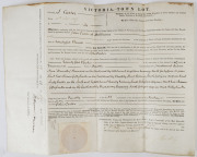 1857 GRANT BY PURCHASE OF LAND IN DUNOLLY John Carter of Melbourne purchases a town lot in Dunolly on 5th October 1857. The vellum document bears the seal of the Colony of Victoria and is signed by Sir Henry Barkly, 2nd Governor of Victoria. 34 x 45cm.