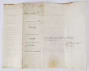 1857 GRANT BY PURCHASE OF LAND IN DUNOLLY John Carter of Melbourne purchases a town lot in Dunolly on 5th October 1857. The vellum document bears the seal of the Colony of Victoria and is signed by Sir Henry Barkly, 2nd Governor of Victoria. 34 x 45cm. - 2