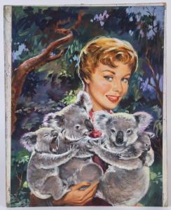 COVER ARTWORK FOR 'DIGEST OF DIGESTS' MAGAZINE: image for July edition showing a lady clutching Koala Bears in her arms, 52x37cm, on board.