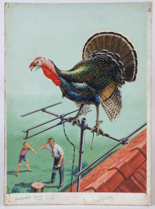COVER ARTWORK FOR 'DIGEST OF DIGESTS' MAGAZINE: image for December edition showing a defiant Christmas Turkey after escaping the axe, 50x37cm, on board, c.1950s.