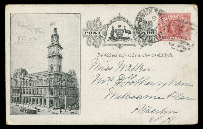 VICTORIA - Postal Stationery: POSTAL CARDS - GREAT WHITE FLEET: 1908 (Stieg #P34) 1½d brown-red 1908 (May 7) inter-state use from Brunswick, Melbourne to Alberton (SA); fine condition.