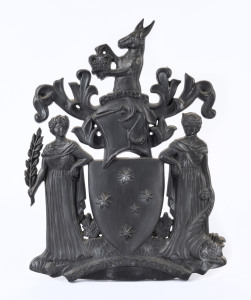 Victorian Coat of Arms architectural cast iron plaque, 53cm high, early 20th century.