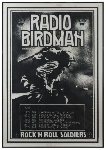 WARWICK GILBERT RADIO BIRDMAN Rock 'n' Roll Soldiers, poster, c2010 reissue, signed in lower margin by bass guitarist & poster designer, Warwick Gilbert, Numbered 305/500.