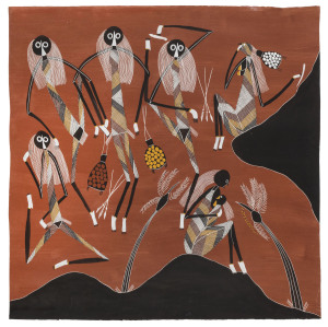 DJAWIDA NADJONGORLE (c1943 - 2008) Mimih Spirits in Escarpment - Mother Feeding Infant, natural ochres on Arches Rives paper, 1991, titled, artist named and reference numbers verso,