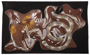 DJAWIDA NADJONGORLE (c1943 - 2008) Nagaloo Rainbow Serpent eating Namorodo Spirit natural ochres on Arches Rives paper, 1990, titled, artist named and reference numbers verso, 113 x 175cm.