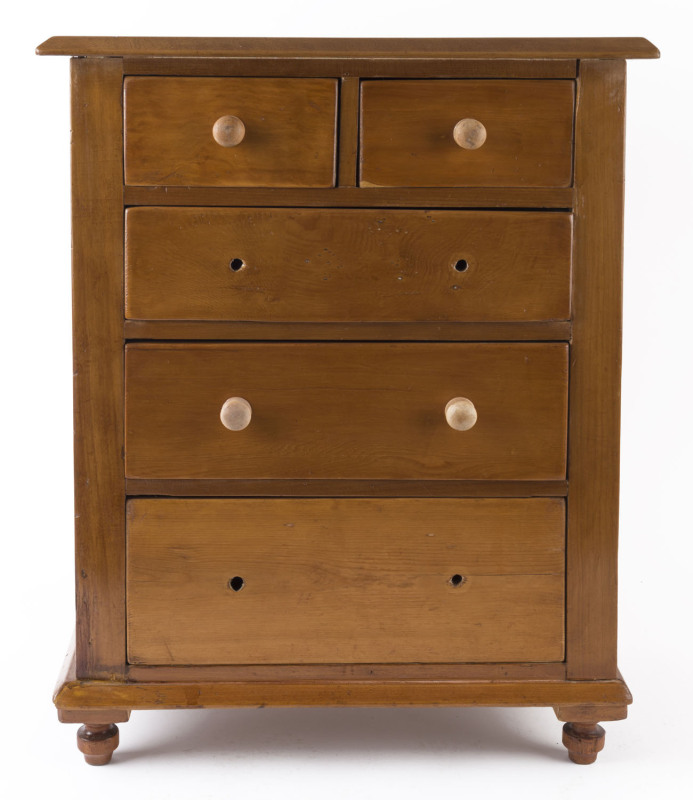 An antique apprentice chest of five drawers, kauri pine with huon pine fronts, late 19th century, ​66cm high, 52cm wide, 33cm deep