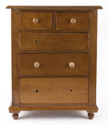 An antique apprentice chest of five drawers, kauri pine with huon pine fronts, late 19th century, ​66cm high, 52cm wide, 33cm deep