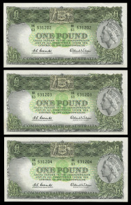 Banknotes - Australia: Pre-Decimal Banknotes: 1961 (R34b) Coombs/Wilson QEII £1 (emerald back) consecutive run, serial nos 'HK63/531202-204', EF/aUnc. (3).