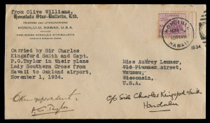 AUSTRALIA: Aerophilately & Flight Covers: 1 Nov. 1934 (AAMC.455a) Hawaii - Los Angeles flown cover, carried per "Lady South Cross" with USA 3c tied by Honolulu cancel & 'LOS ANGELES/NOV5/CALIF - 1934' arrival b/stamp; signed by the pilots "C Kingsford Smi