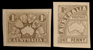 AUSTRALIA: KGV Essays & Proofs: 1911 STAMP DESIGN COMPETITION: stamp-sized 1d photographic essays, one in a vertical design featuring Map of Australia, the second a horizontal design featuring Coats of Arms of the Six Federated States surrounding a Map of Australia; fine condition. Both are very similar in design to the two essays attributed to the nom-de-plume "Record", offered by Shreeves in the 2007 Sale of the Arthur Gray Collection (Lot 46), selling for US$400 plus comms.