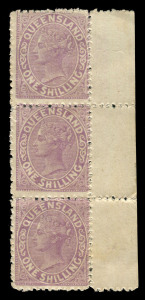 QUEENSLAND: 1882-91 (SG.172) 1/- Rough Perf.12 vertical strip of 3 from right of the sheet, error "WITHOUT WATERMARK" (instead of 2nd Crown/Q Wmk), two units MUH. Ceremuga Certificate (2021) states "Rare variety, believed to originate due to miscut sheet of paper resulting in greatly misplaced watermark positions"