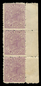 QUEENSLAND: 1882-91 (SG.172) 1/- Rough Perf.12 vertical strip of 3 from right of the sheet, error "WITHOUT WATERMARK" (instead of 2nd Crown/Q Wmk), two units MUH. Ceremuga Certificate (2021) states "Rare variety, believed to originate due to miscut sheet 