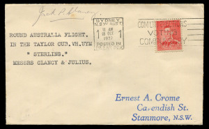 AUSTRALIA: Aerophilately & Flight Covers: 29 July 1937 (AAMC.746) Sydney - Sydney round Australia flown cover, carried by Jack Clancy and R.H. Julius in their Tiger Cub; signed by Clancy and posted on arrival back in Sydney on October 18th. (The flight ha