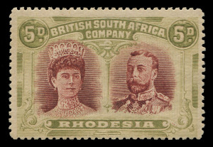 Rhodesia: 1910-13 Double-Heads (SG.175) 5d lake-brown & olive Perf.15, unused, Cat. £800.