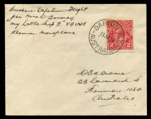 AUSTRALIA: Aerophilately & Flight Covers: 9 April 1937 (AAMC.713) A Brisbane - Darwin flown cover, cancelled on arrival and signed and dated on the back by the pilot, Mrs Delores Bonney. This was the first leg of her epic flight in "My Little Ship II" which eventually took her to Capetown. A very scarce example of the covers carried on these flights which was not created by Bonney's support team. This example, self-addressed to Ernie Crome is believed to be one of only 6 carried for him by Mrs.
