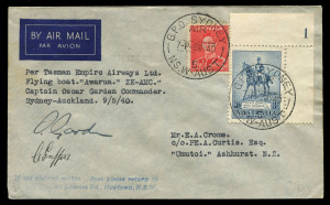 AUSTRALIA: Aerophilately & Flight Covers: 6 May 1940 (AAMC.900ab) Sydney - New Zealand flown cover, carried on the first flight of the "Awarau" for TEAL and signed by Captain Oscar Garden and his co-pilot, Chris Griffiths; UMUTOI arrival b/stamp. A very small unofficial mail was carried by the pilots.