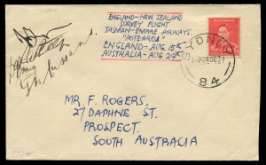 AUSTRALIA: Aerophilately & Flight Covers: August - October 1939 the "Aeoteroa" Flights: 24 Sept. 1939 (AAMC.879) Auckland - Sydney flown cover, cancelled on arrival and signed by Captain J.W.Burgess and his crew, following their trans-Tasman leg of the England - Australia route for Tasman Empire Airways. The aircraft used was a Short S30 Empire Flying Boat, ZK-AMA, which was on a delivery flight from England. (Very few covers flown, as on this leg only unofficial mail was carried.).