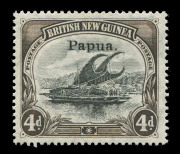 PAPUA: 1907 (SG.42a) Small 'Papua' Wmk Vertical 4d black & sepia Thin Paper variety "Deformed 'd' at left" [pos.18], well centred, fine mint, Cat. £750.