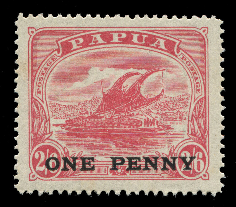 PAPUA: 1917 (SG.111a) Surcharges 1d on 2/6d rose-carmine [Pos.14], variety WATERMARK UPRIGHT (INVERTED), well-centred MUH, Cat. £2500 (as hinged mint), considerable premium for MUH. Ceremuga Certificate (2003) states "Genuine in all respects...only 1 shee