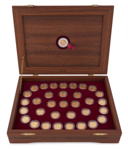 Coins - Australia: Sovereigns: 1899-1931 PERTH MINT SOVEREIGNS "THE COMPLETE COLLECTION": comprising 33 twenty-two carat sovereigns, being the complete Perth Mint production between 1899-1931, including several highly sought-after dates, plus a 1899-1999 $100 Centenary Sovereign proof, all beautifully displayed in a luxurious Jarrah timber presentation case, numbered #56 of 70, VF to UNC.