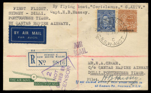 AUSTRALIA: Aerophilately & Flight Covers: 17 Jan.1941 (AAMC.912) Sydney - Dili (Portuguese Timor) registered cover, flown and signed by Captain H.B.Hussey for QANTAS; the first time Dili had been included as a stopover en route for Singapore. With war loo