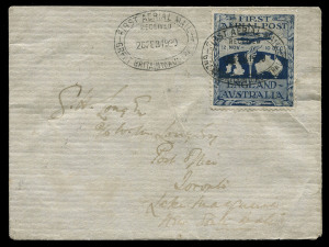 AUSTRALIA: Aerophilately & Flight Covers: November - December 1919 (AAMC.27) A cover carried on the first flight from England to Australia, crewed by Ross & Keith Smith, Jim Bennett and Wally Shiers. With the rare "Ross Smith" vignette attractively tied by the special "FIRST AERIAL MAIL/RECEIVED" handstamp. with another alongside. Address to S.H. Long at Lake Macquarie.