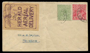 AUSTRALIA: Aerophilately & Flight Covers: 30 July 1920 (AAMC.47) Melbourne - Traralgon cover, flown by Captain E.W. Leggett for "The Herald & Weekly Times"; with special purple on yellow "By HERALD AERIAL DELIVERY" vignette attractively tied on the front 