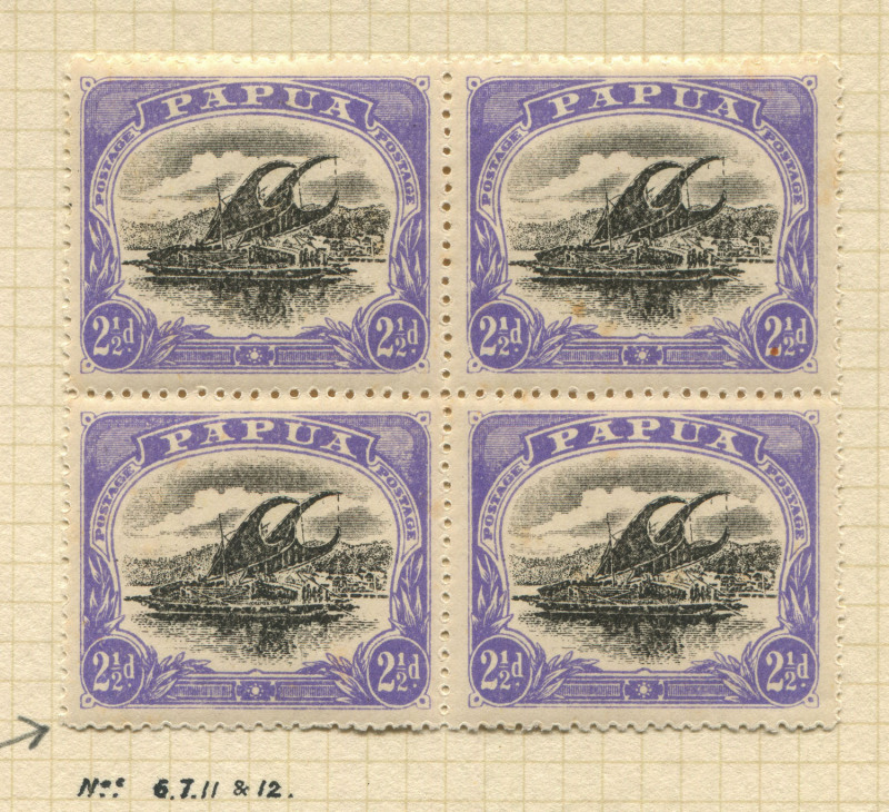 PAPUA: 1910-11 (SG.78, 78a) Wmk Crown over double-lined 'A', Large 'PAPUA' Wmk Upright P.12½ 2½d Black & Blue-Violet (14, four Wmk Inverted) including block of 4 [pos.6-7,11-12] with variety "Thin 'd' at left" [11], all other stamps identified by sheet po