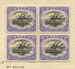 PAPUA: 1910-11 (SG.78, 78a) Wmk Crown over double-lined 'A', Large 'PAPUA' Wmk Upright P.12½ 2½d Black & Blue-Violet (14, four Wmk Inverted) including block of 4 [pos.6-7,11-12] with variety "Thin 'd' at left" [11], all other stamps identified by sheet po