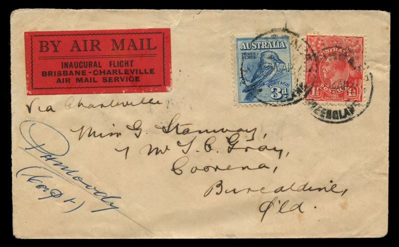 AUSTRALIA: Aerophilately & Flight Covers: 17 April 1929 (AAMC.132a) Brisbane - Charleville -Longreach - Barcaldine flown cover with "INAUGURAL FLIGHT" vignette, backstamps and signed front and back by the pilot, P.H. Moody, and quite rare thus. 