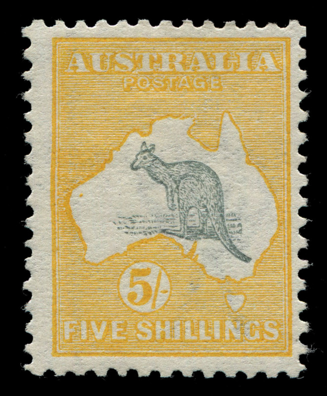 AUSTRALIA: Kangaroos - First Watermark: 5/- Grey & Chrome variety "Retouch to left frame and WA coast" and additionally "Broken coast in Arnhem Land", fresh mint, BW.42(D)g - Cat. $1750.