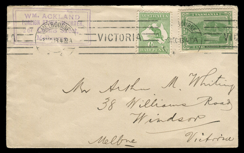 AUSTRALIA: Kangaroos - First Watermark: ½d Green on 1913 (Dec.3) cover, uprated with Tasmania ½d Pictorial, used from Melbourne to Windsor, stamps tied by Melbourne machine cancel, 'Wm. Ackland' boxed handstamp in violet at top left. Most attractive.