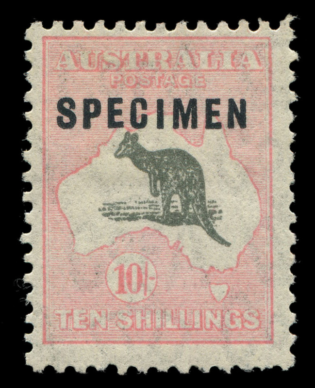 AUSTRALIA: Kangaroos - CofA Watermark: 10/- Grey & Pink optd 'SPECIMEN' type C, variety "Very short Spencer€™s Gulf", odd blunt perf, lightly hinged; BW:50(D)f - Cat. $1300 as a variety on an unoverprinted stamp, (BW: 50x - Cat. $850 as a Specimen issue)