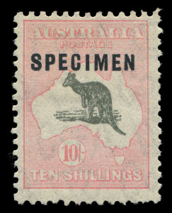 AUSTRALIA: Kangaroos - CofA Watermark: 10/- Grey & Pink optd 'SPECIMEN' type C, variety "Very short Spencer€™s Gulf", odd blunt perf, lightly hinged; BW:50(D)f - Cat. $1300 as a variety on an unoverprinted stamp, (BW: 50x - Cat. $850 as a Specimen issue).