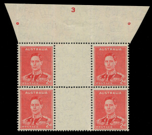 AUSTRALIA: Other Pre-Decimals: 1937-49 (SG.184) KGVI 2d Red Die II Plate 3 (without dots) gutter block of four from top of sheet, fresh MUH, BW:188zb, - Cat. $2500 (as mounted mint), considerable premium for MUH.