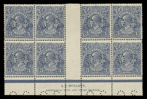 AUSTRALIA: KGV Heads - Small Multiple Watermark Perf 14: 3d Blue Die Ia plate 4 Mullett imprint block of 8 perf 'OS', WATERMARK INVERTED, positions L59 and R55 being type B, variety "White flaw over 'IA' of Australia" on R55, lower units MUH; superb and fresh, all perfs intact. BW:106(4)aa-ab&(4)z - Cat. $5500. Premium example.