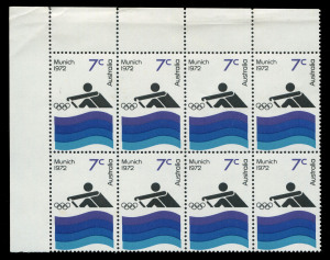 AUSTRALIA: Decimal Issues: 1972 (SG.519) Olympic Games 7c Rowing upper left corner block of eight (4x2) with varieties "Retouch to 'Munich 1972'", "Circular white ring in dark blue band" and "Retouch to 'tral' of 'Australia'" [pos.1/2, 1/3 and 2/1], fine 