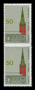 AUSTRALIA: Decimal Issues: 1973 (SG.559) Architecture 50c St. James Church vertical pair, error IMPERFORATE BETWEEN, fresh MUH; BW: 657b Cat. $1500.