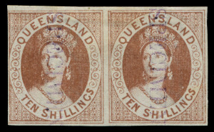 QUEENSLAND: 1880 (SG.125) 10/- reddish-brown, IMPERFORATE Plate Proof pair on ungummed Wmk 'Q' paper, handstamped 'SPECIMEN' vertically in violet. Scarce.